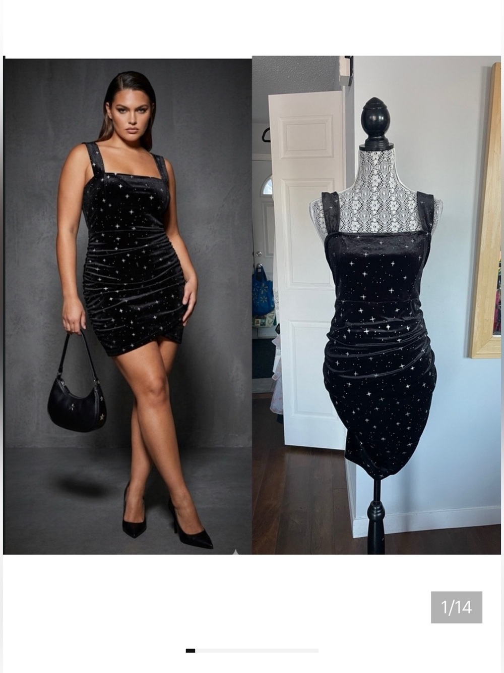 NWT Plus Size Black Velvet Side Ruched Celestial Silver Starry Dress. 1XL